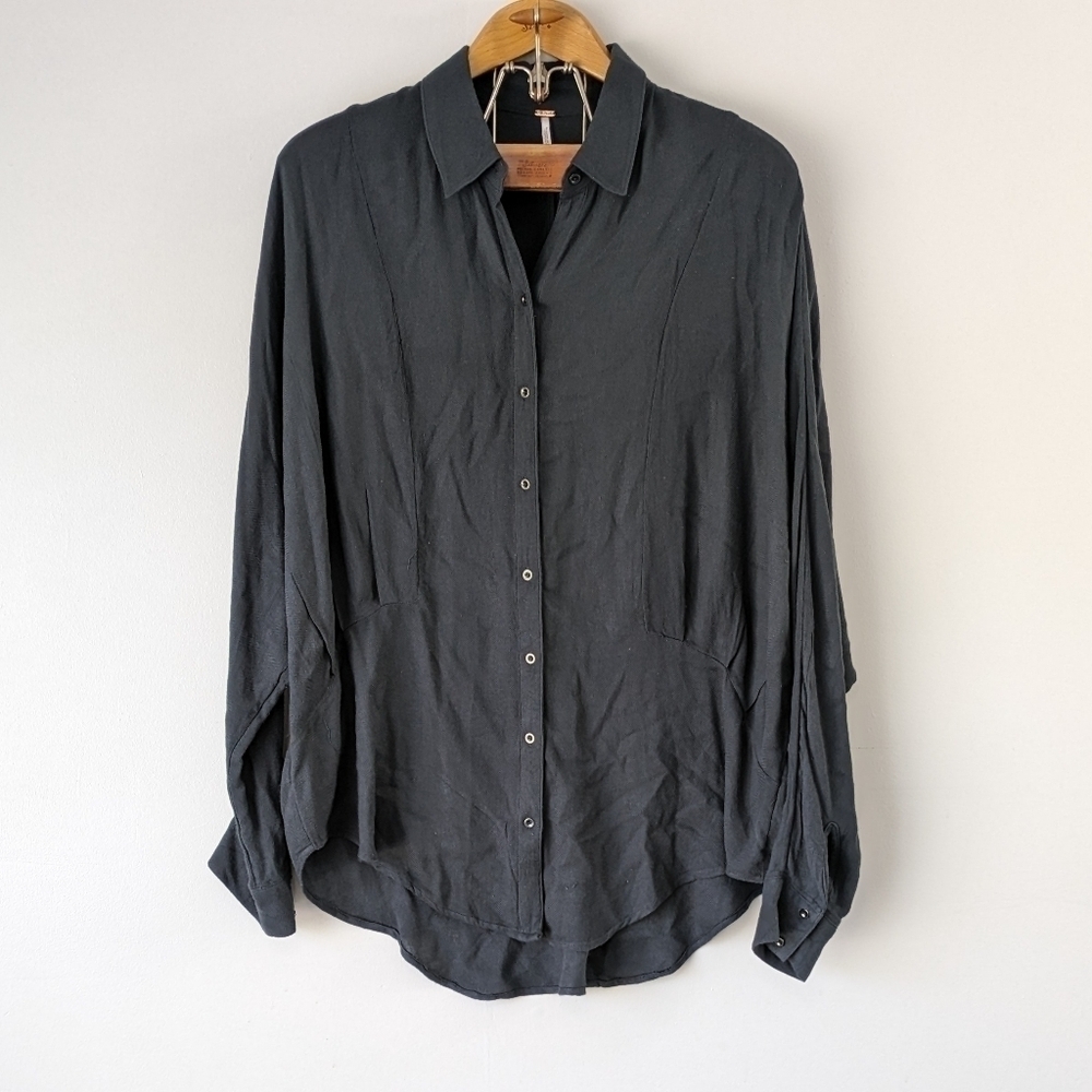 Free People Shirt Women's M Gray Slate True Affection Rayon Herringbone Top
